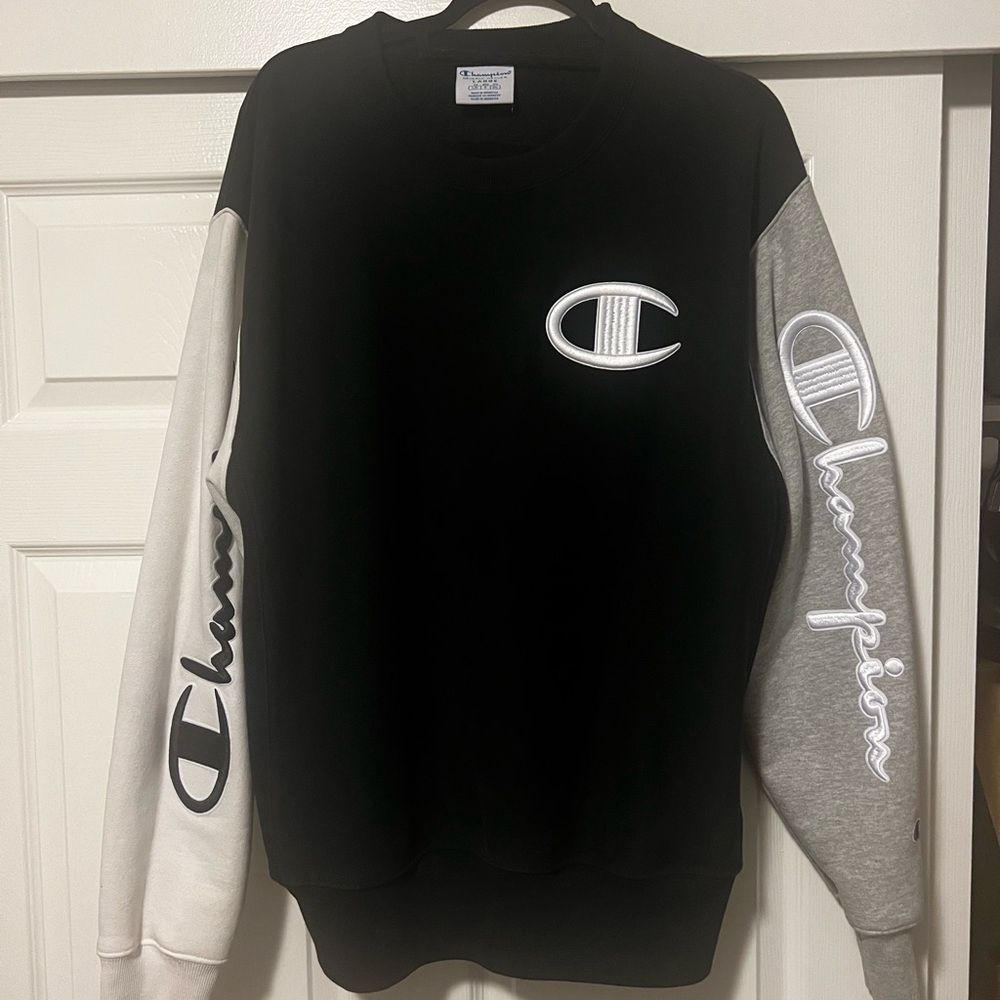Champion Men's Black Sweater with Gray and White Sleeves